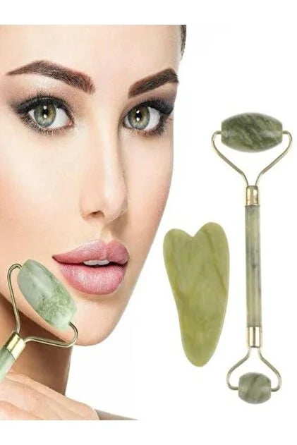Yaşlanma Karşıtı %100 Doğal Taş Roller Masaj Aleti Ve Kalp Gua Sha Guahsa Yüz Bakım Taşı